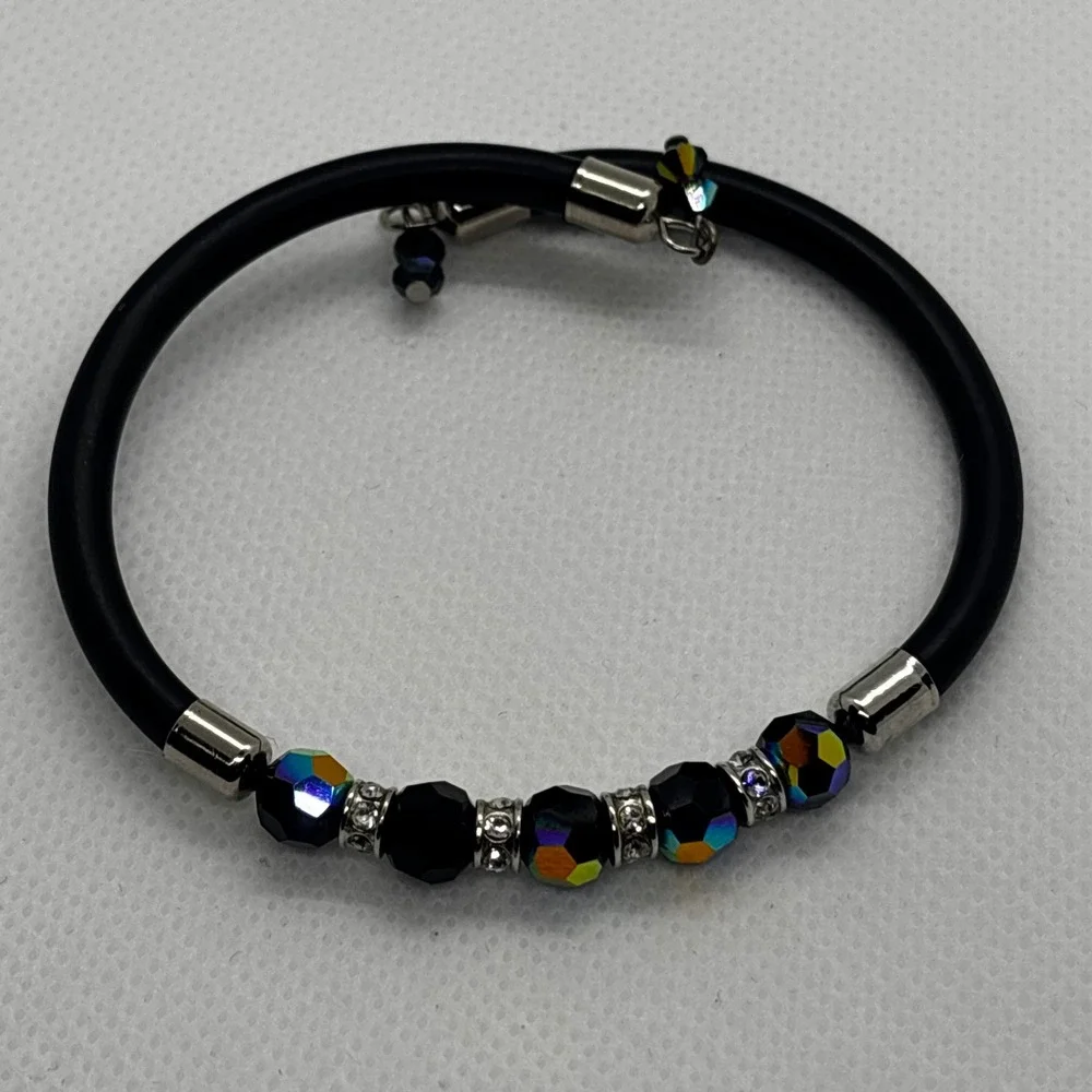 Black Cord Bracelet‎ AB Beads Silver Accents Bangle Fashion Jewelry